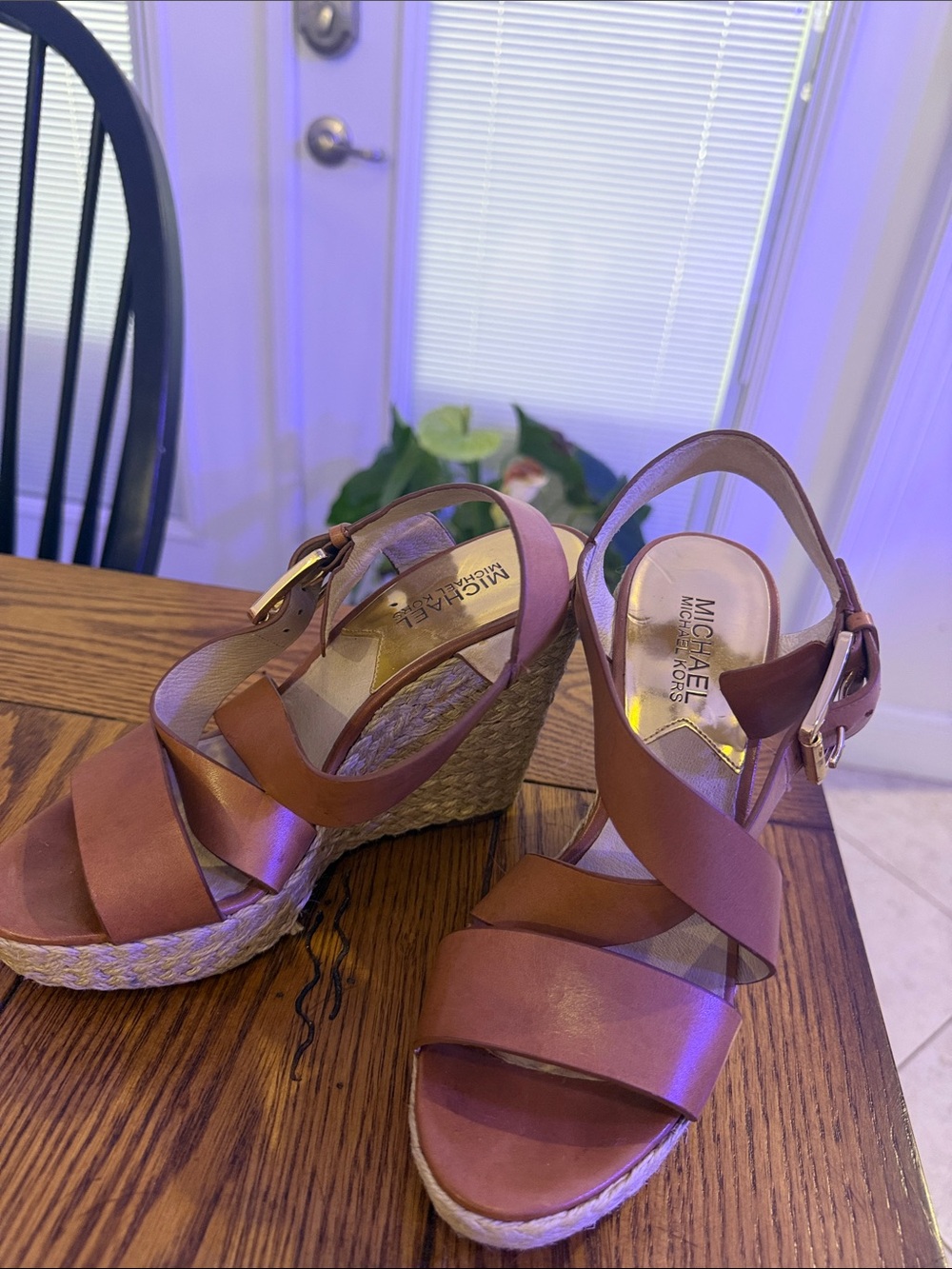 Michael Kors Tan Leather Espadrille Wedge Sandals